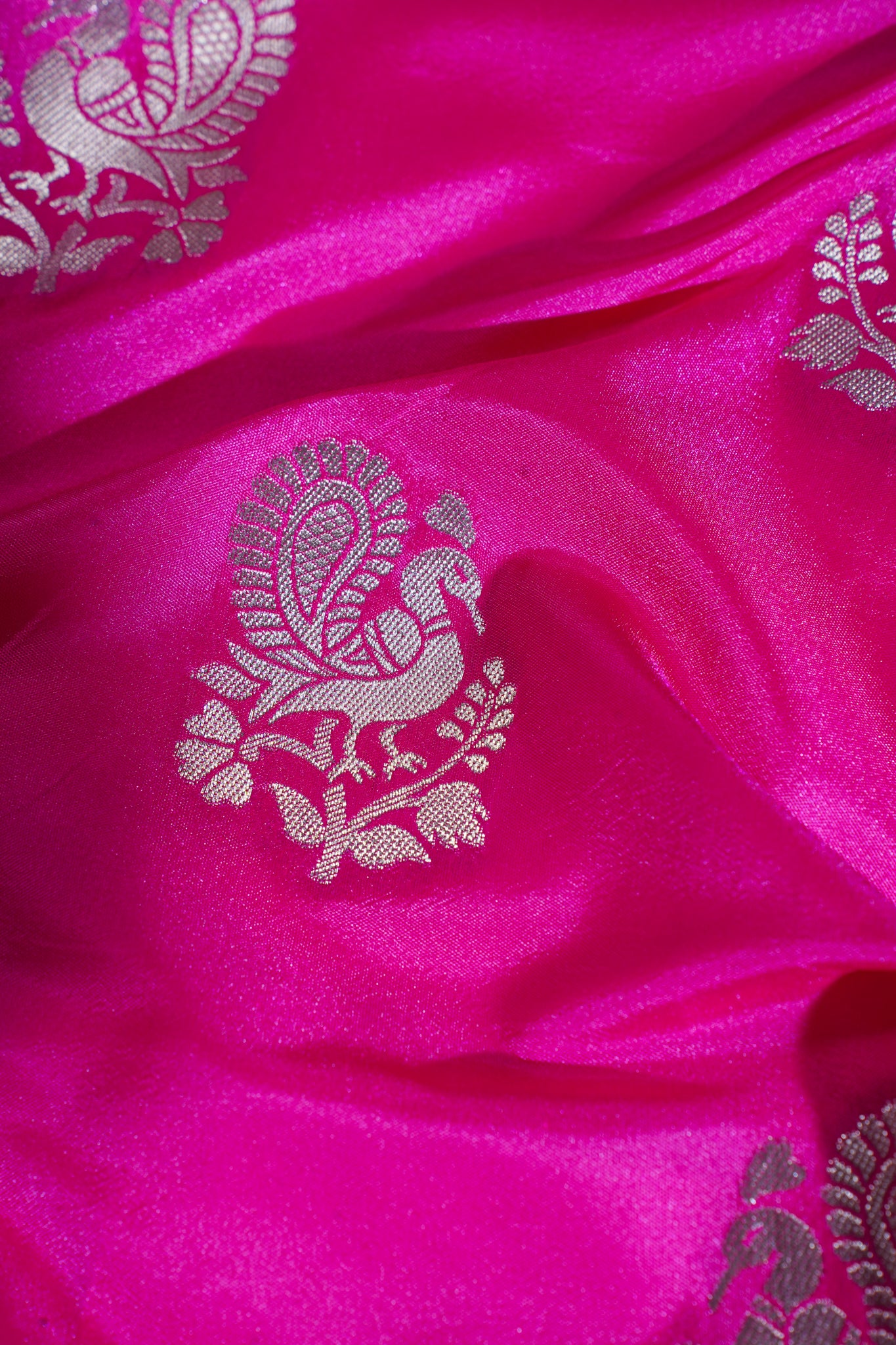 Pink Woven Banarasi Katan Silk Saree with Blue Contrast Border