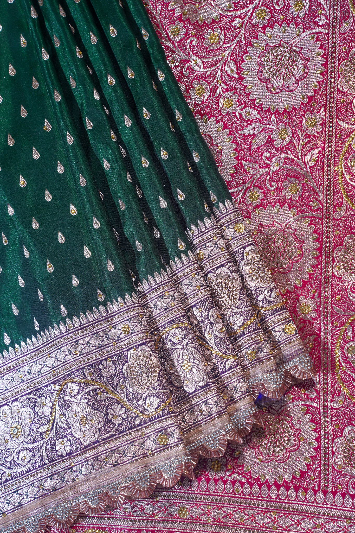 Green Saree with Red Pallu and Pink Blouse