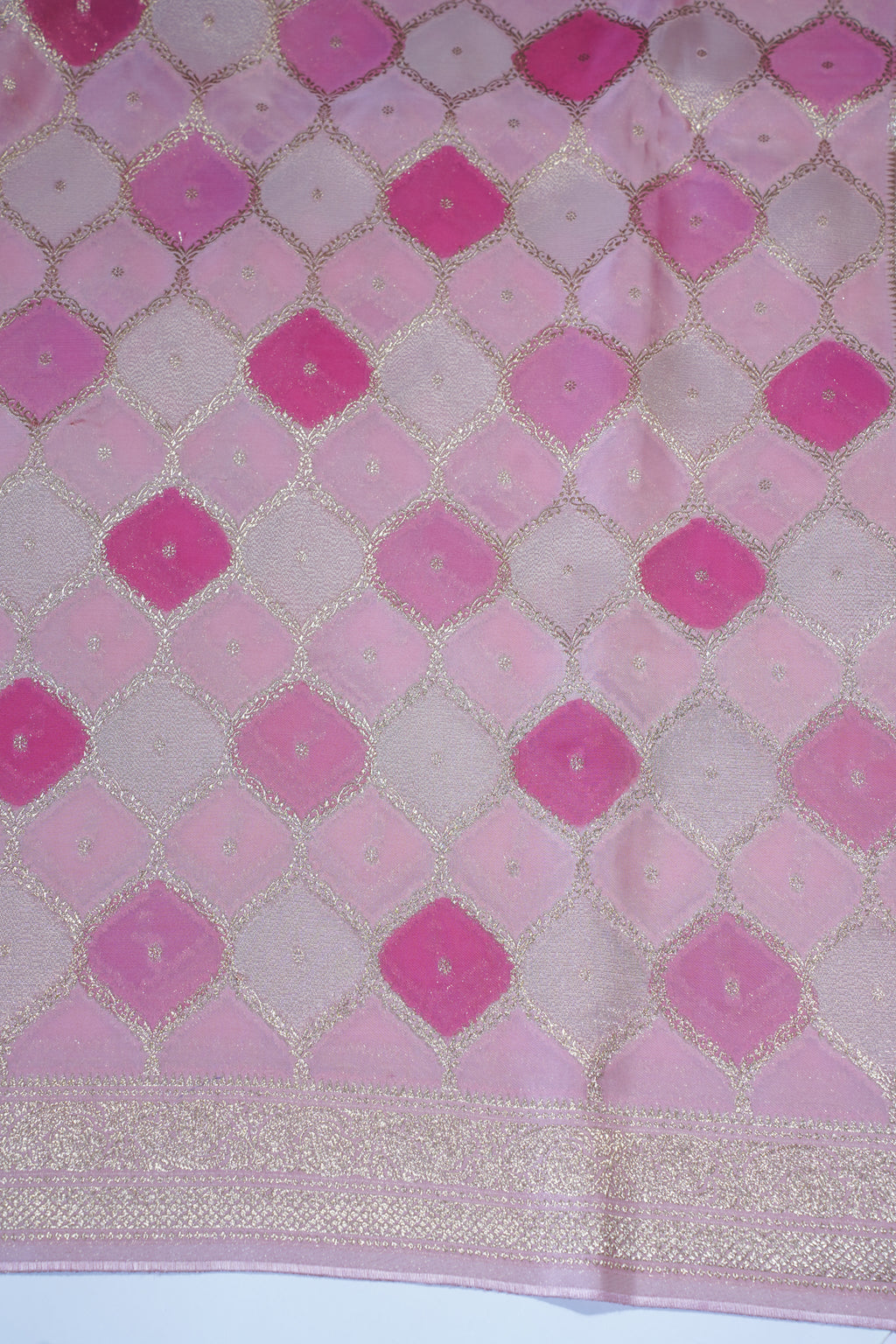 Pink Kora Satin Rangkat Saree with Gold Embroidery