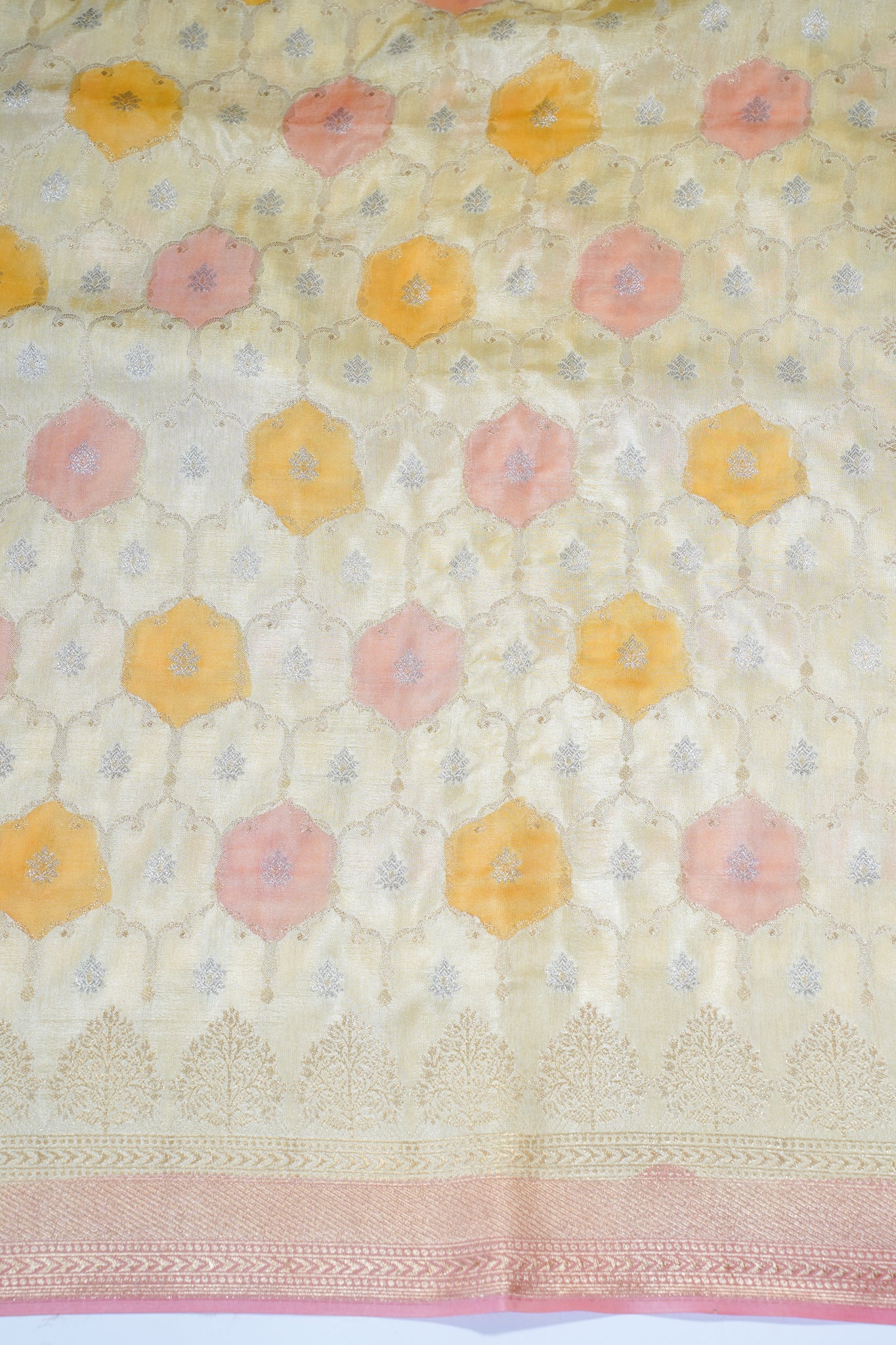 Yellow Georgette Weaving Saree with Pink and Orange Floral Patterns