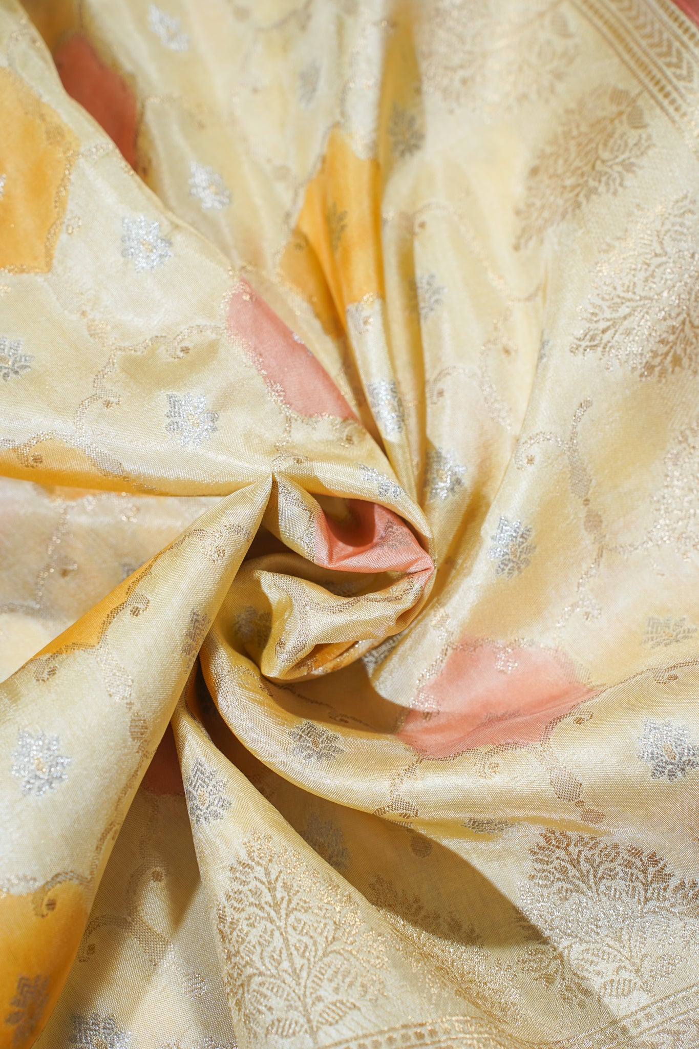 Yellow Georgette Weaving Saree with Pink and Orange Floral Patterns