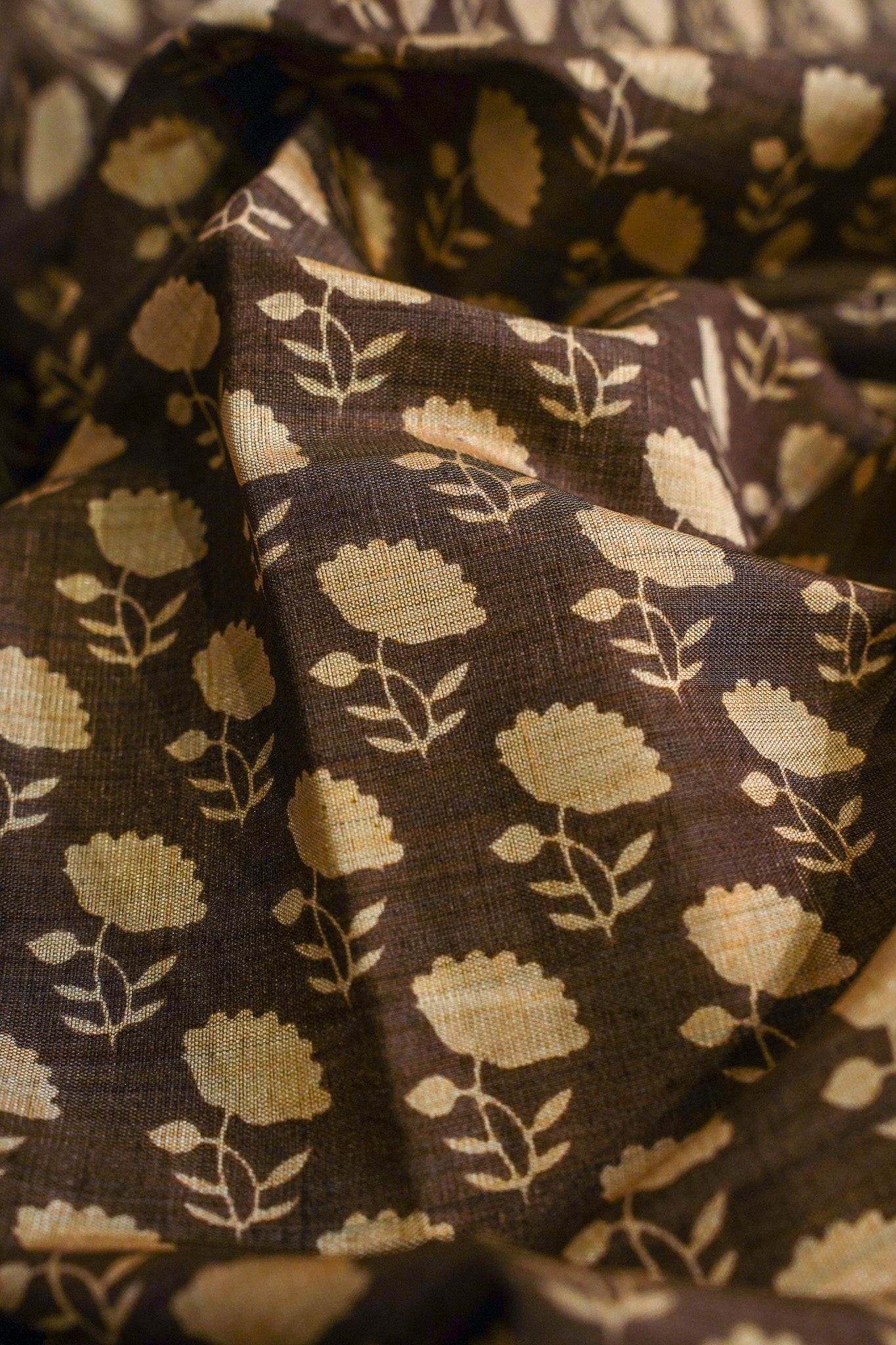 Brown Tussar Silk Saree with Kalamkari Print (Washable)