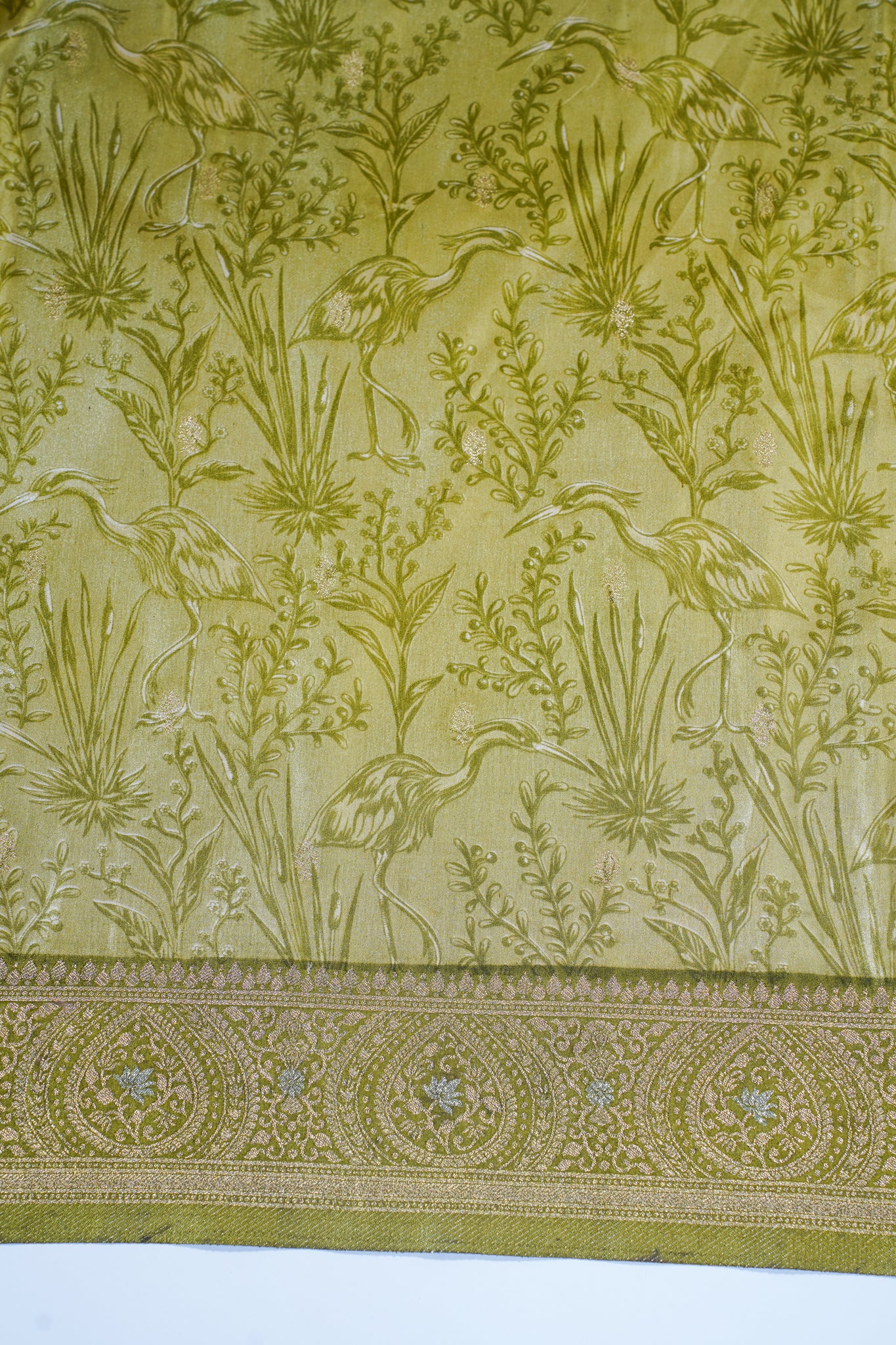 Gold Mushroo Silk Saree with Kalamkari Print & Intricate Patterns