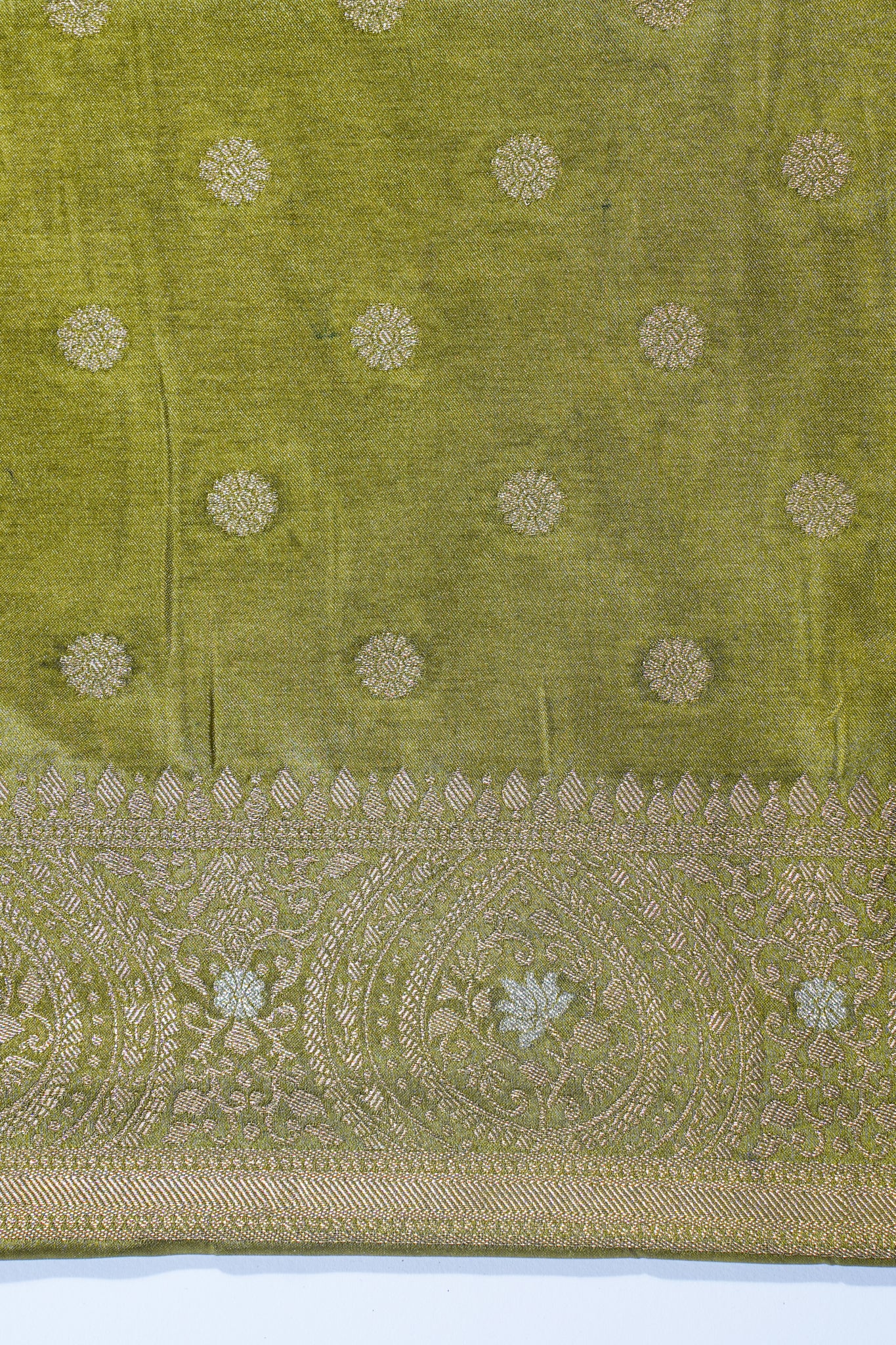 Gold Mushroo Silk Saree with Kalamkari Print & Intricate Patterns