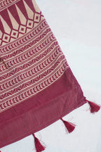Cream Tussar Silk Saree with Wine Border & Kalamkari Print