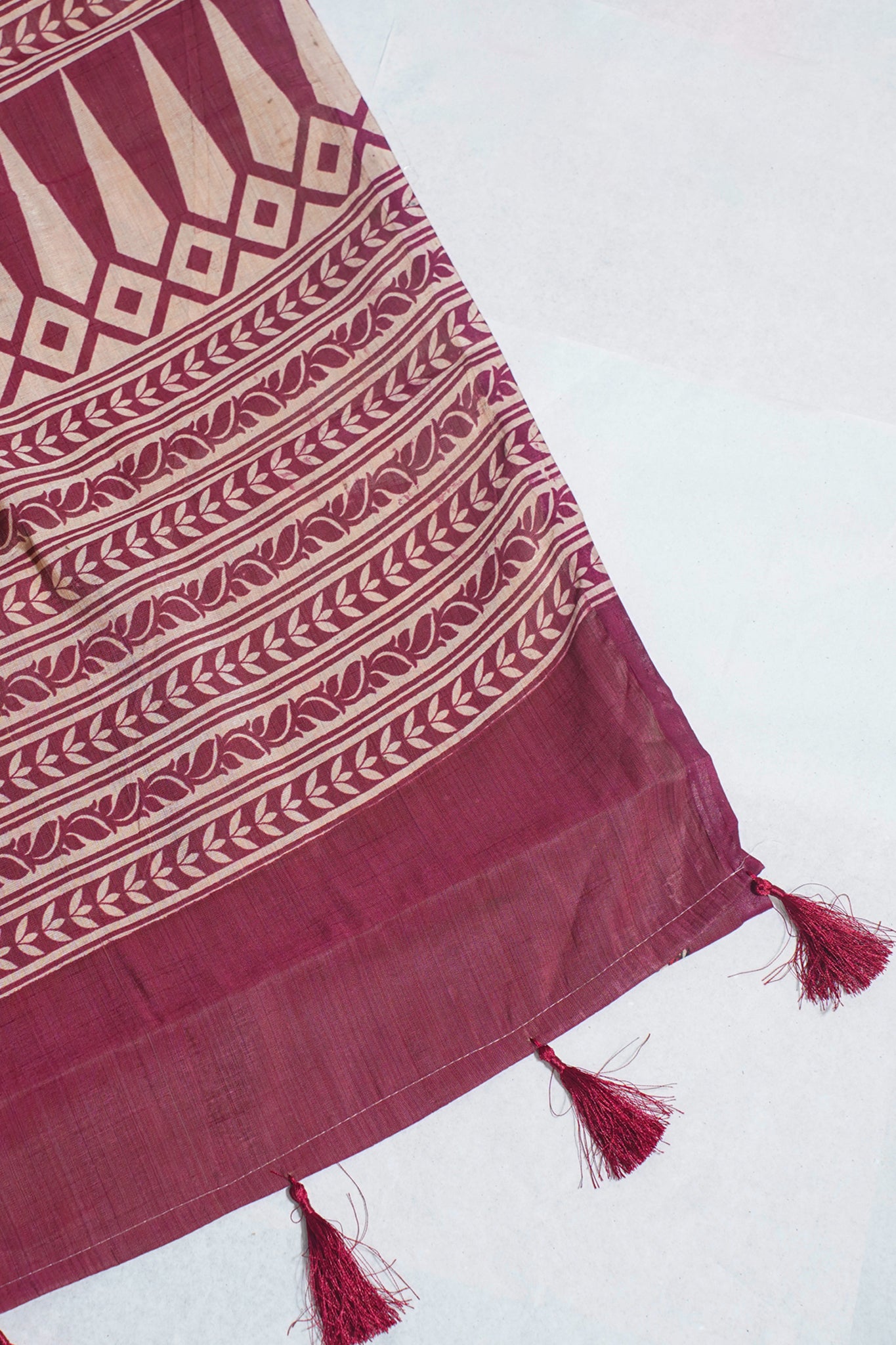 Cream Tussar Silk Saree with Wine Border & Kalamkari Print