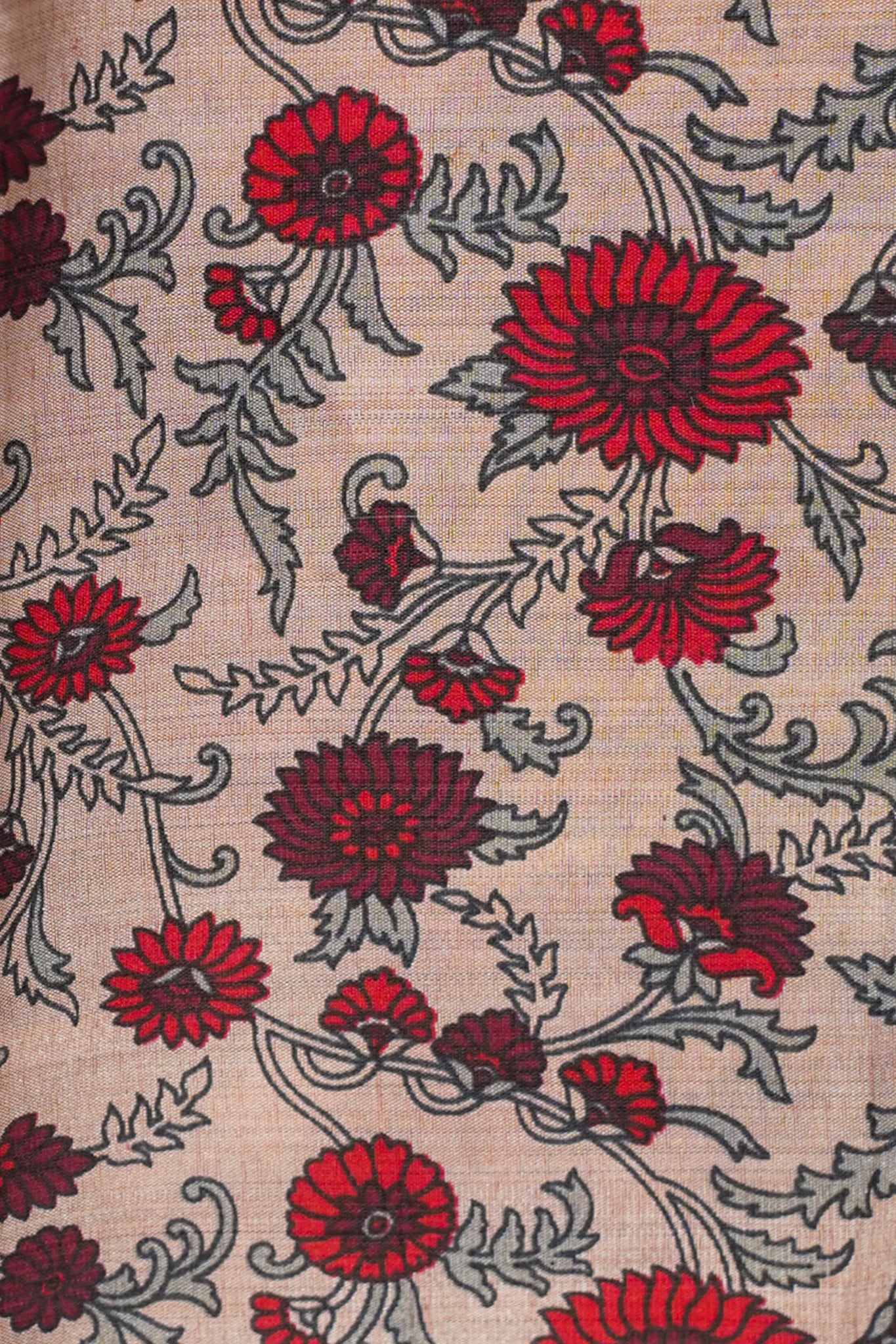 Cream Tussar Silk Saree with Wine Border & Kalamkari Print