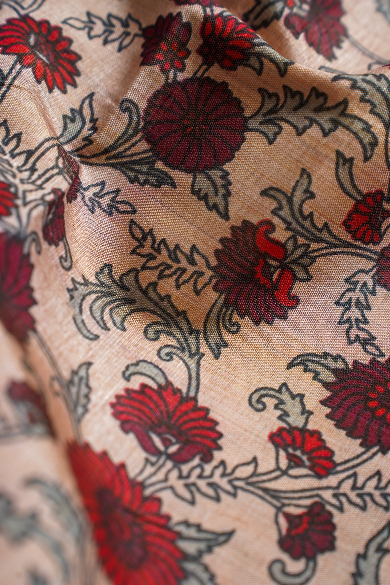 Cream Tussar Silk Saree with Wine Border & Kalamkari Print