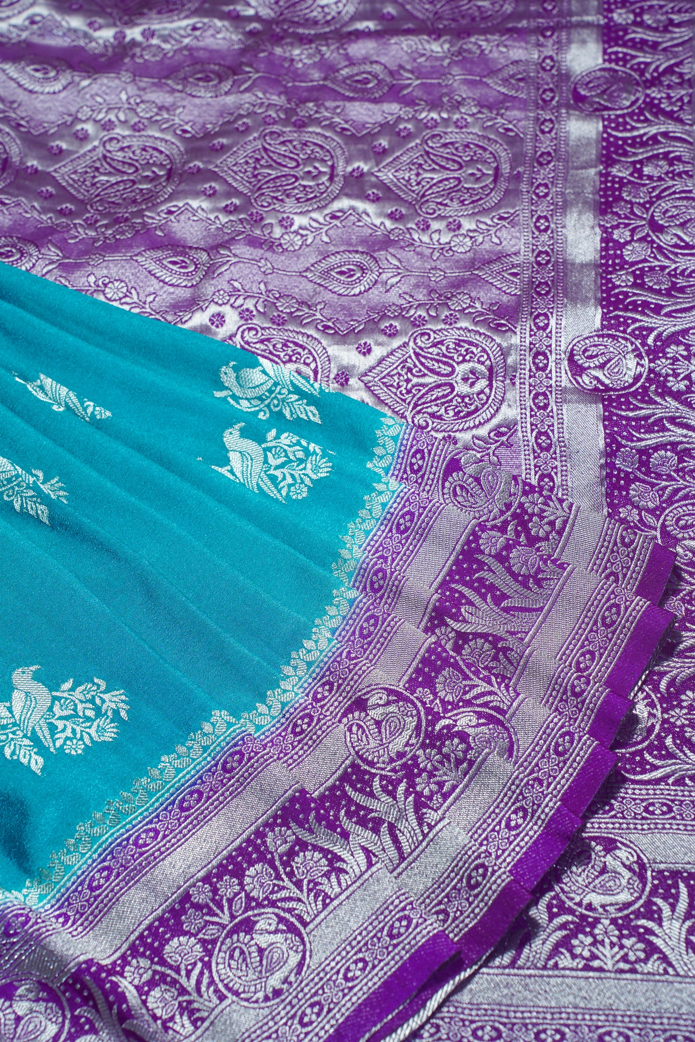 Blue Banarasi Georgette Saree with Purple Contrast Border