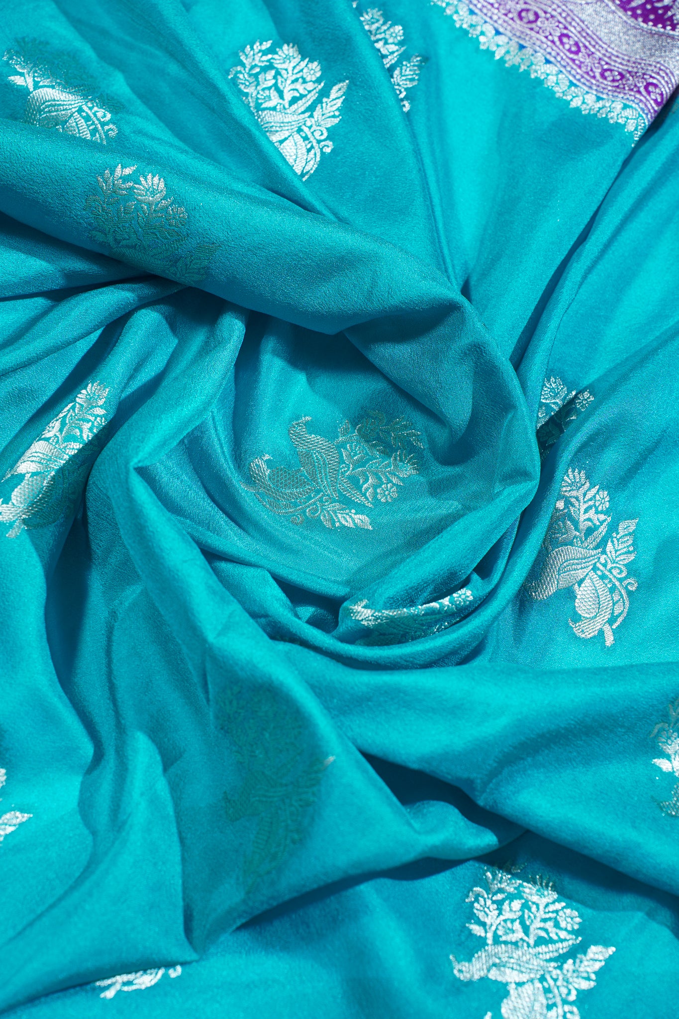 Blue Banarasi Georgette Saree with Purple Contrast Border