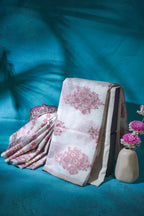 White Pure Cotton With Pink Floral Weaven Motifs