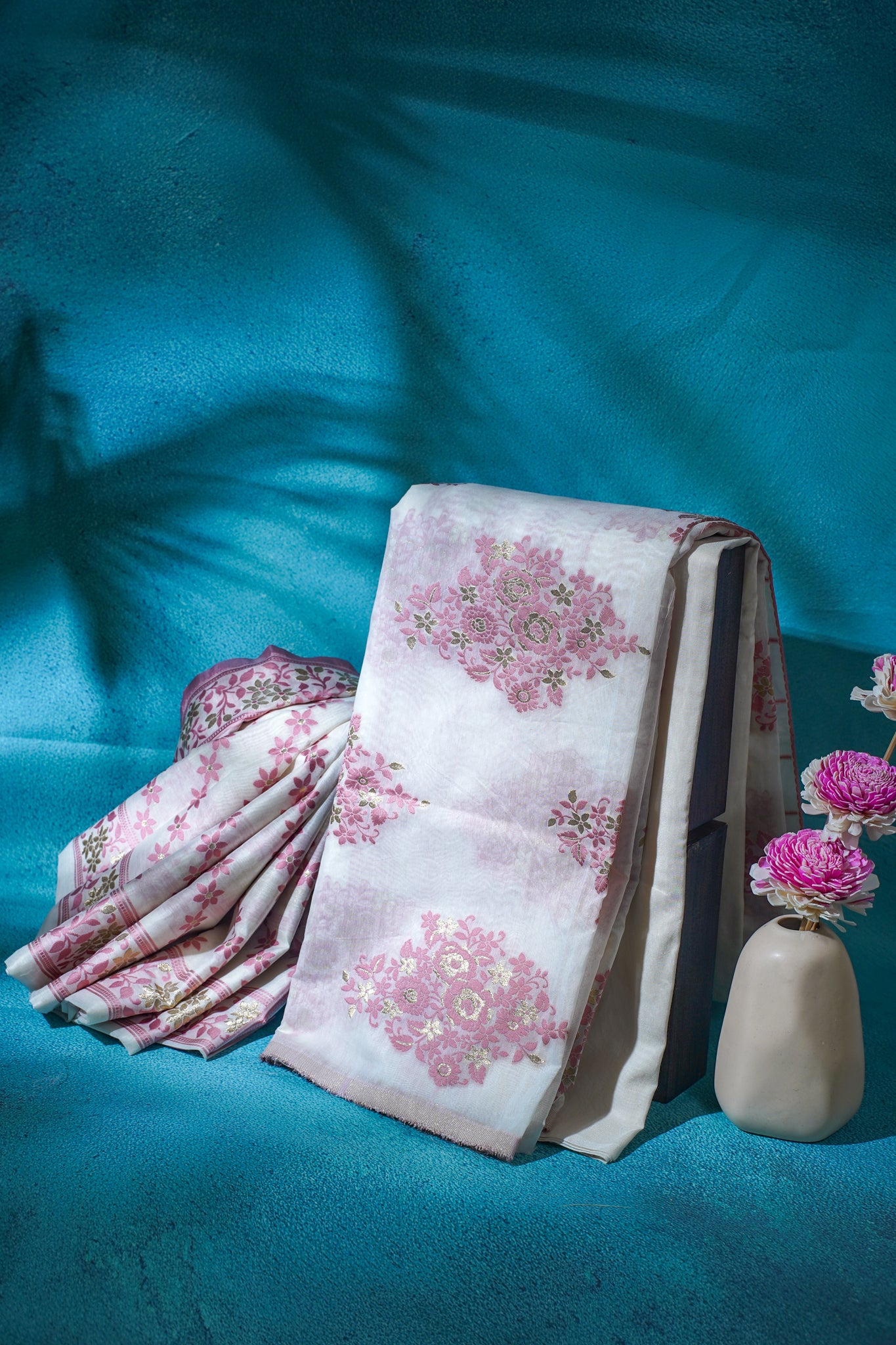 White Pure Cotton With Pink Floral Weaven Motifs