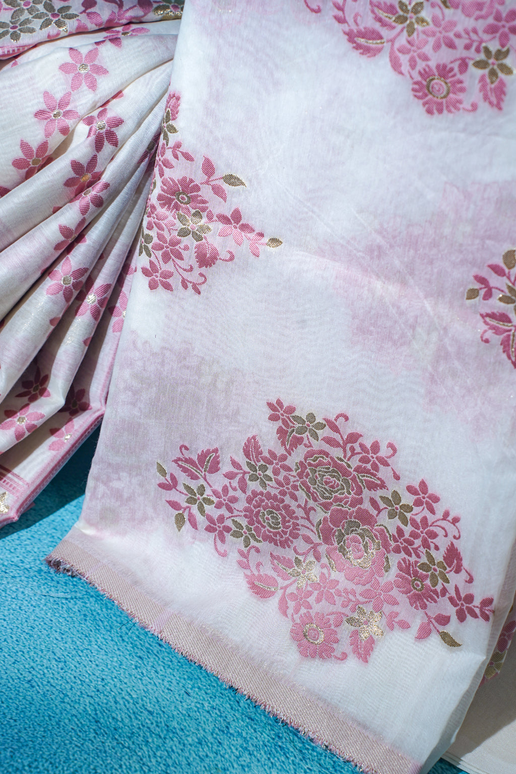 White Pure Cotton With Pink Floral Weaven Motifs