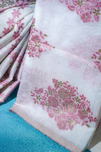 White Pure Cotton With Pink Floral Weaven Motifs