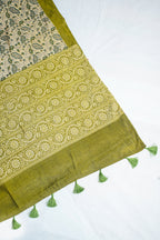Cream Tussar Silk Saree with Green Border & Kalamkari Print (Washable)