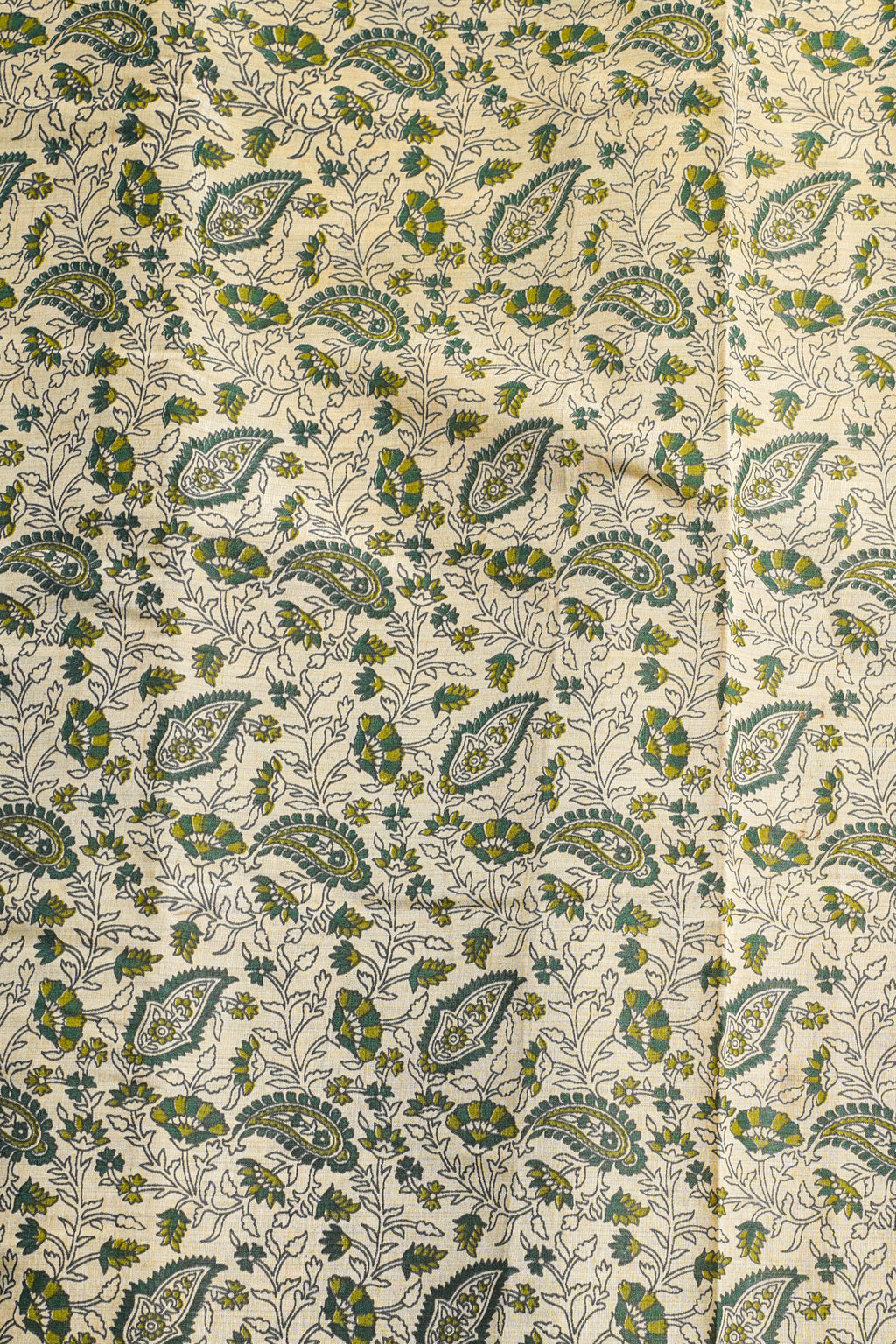 Cream Tussar Silk Saree with Green Border & Kalamkari Print (Washable)