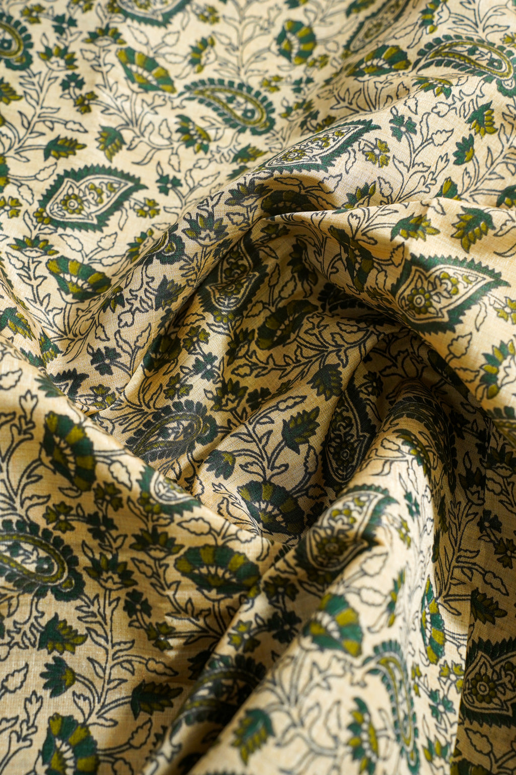 Cream Tussar Silk Saree with Green Border & Kalamkari Print (Washable)