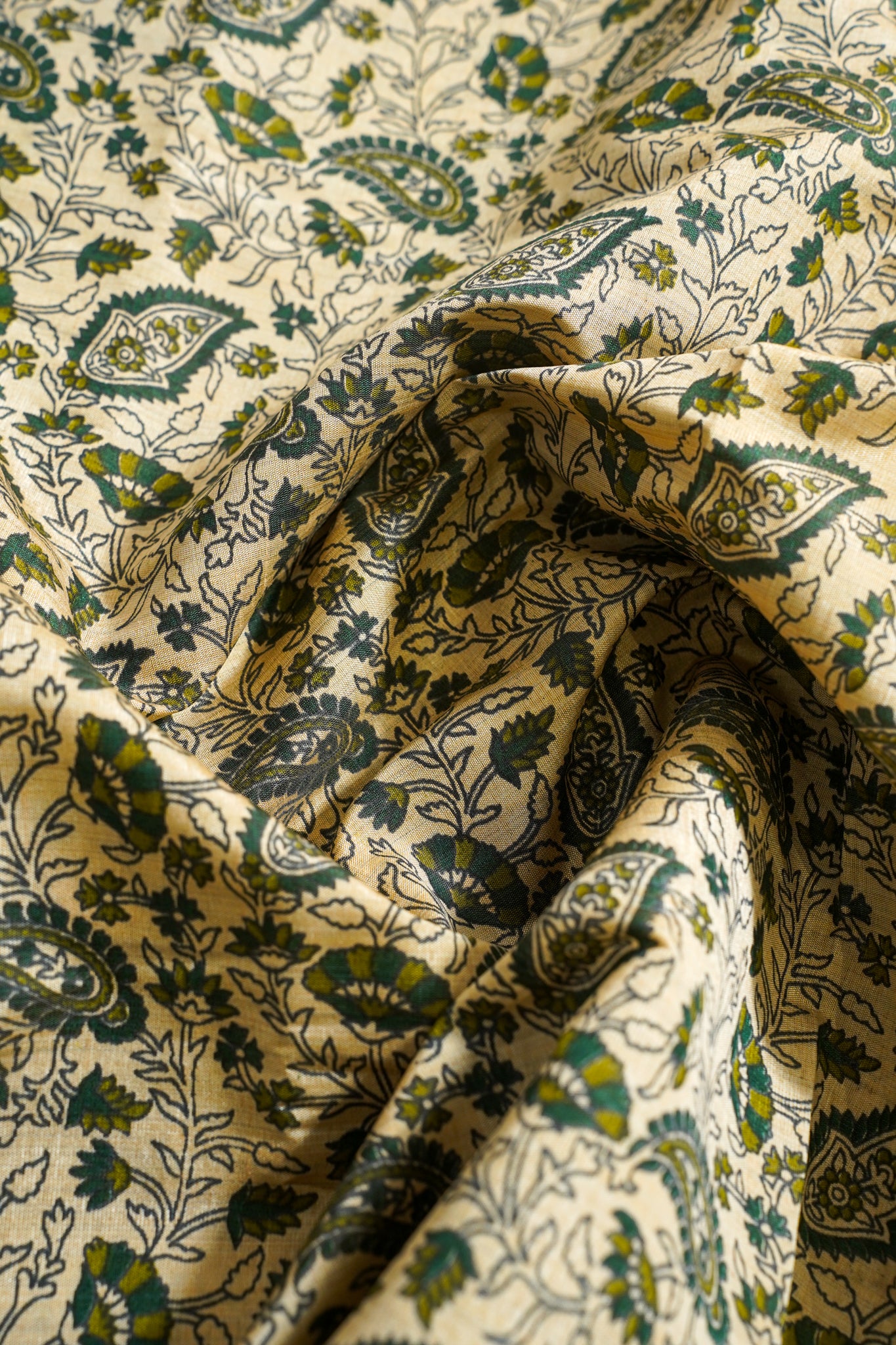Cream Tussar Silk Saree with Green Border & Kalamkari Print (Washable)