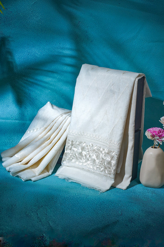 White Mul Cotton–Mul Chanderi Suit Set