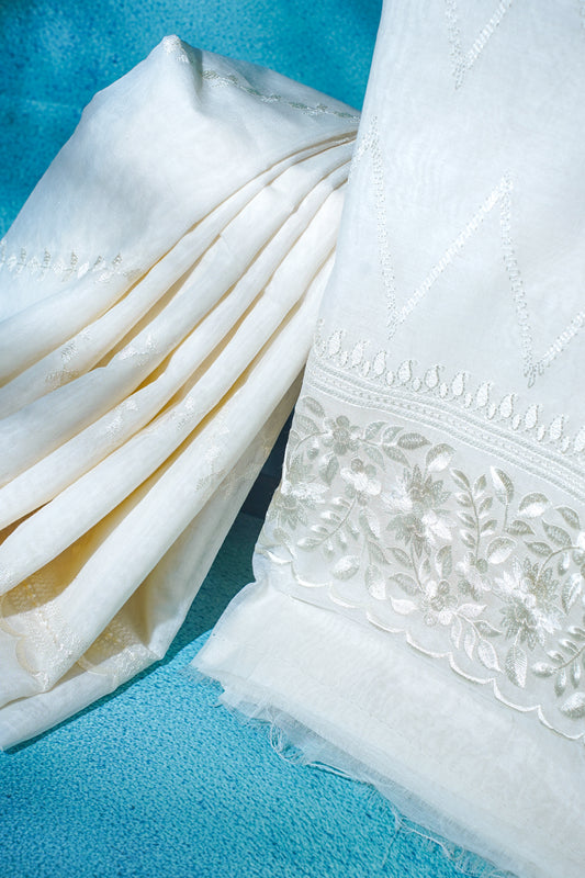 White Mul Cotton–Mul Chanderi Suit Set