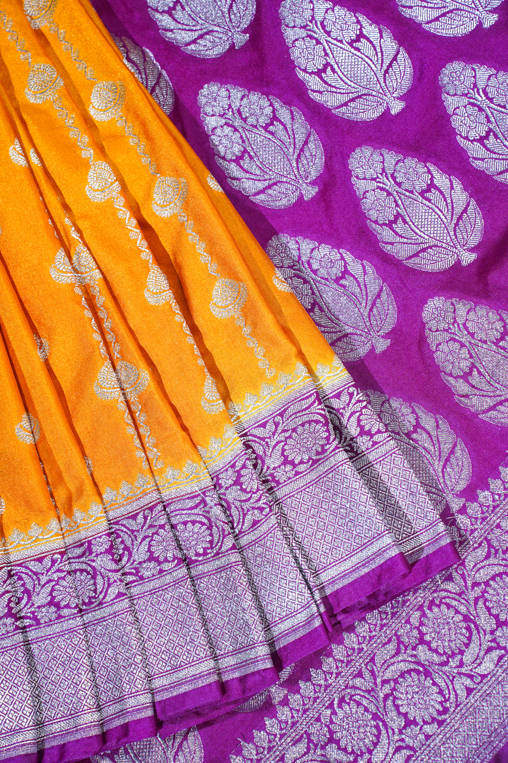Orange Mushroo Silk Saree with Purple Border and Pallu