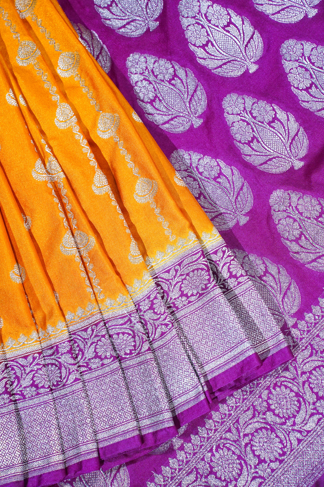 Orange Mushroo Silk Saree with Purple Border and Pallu