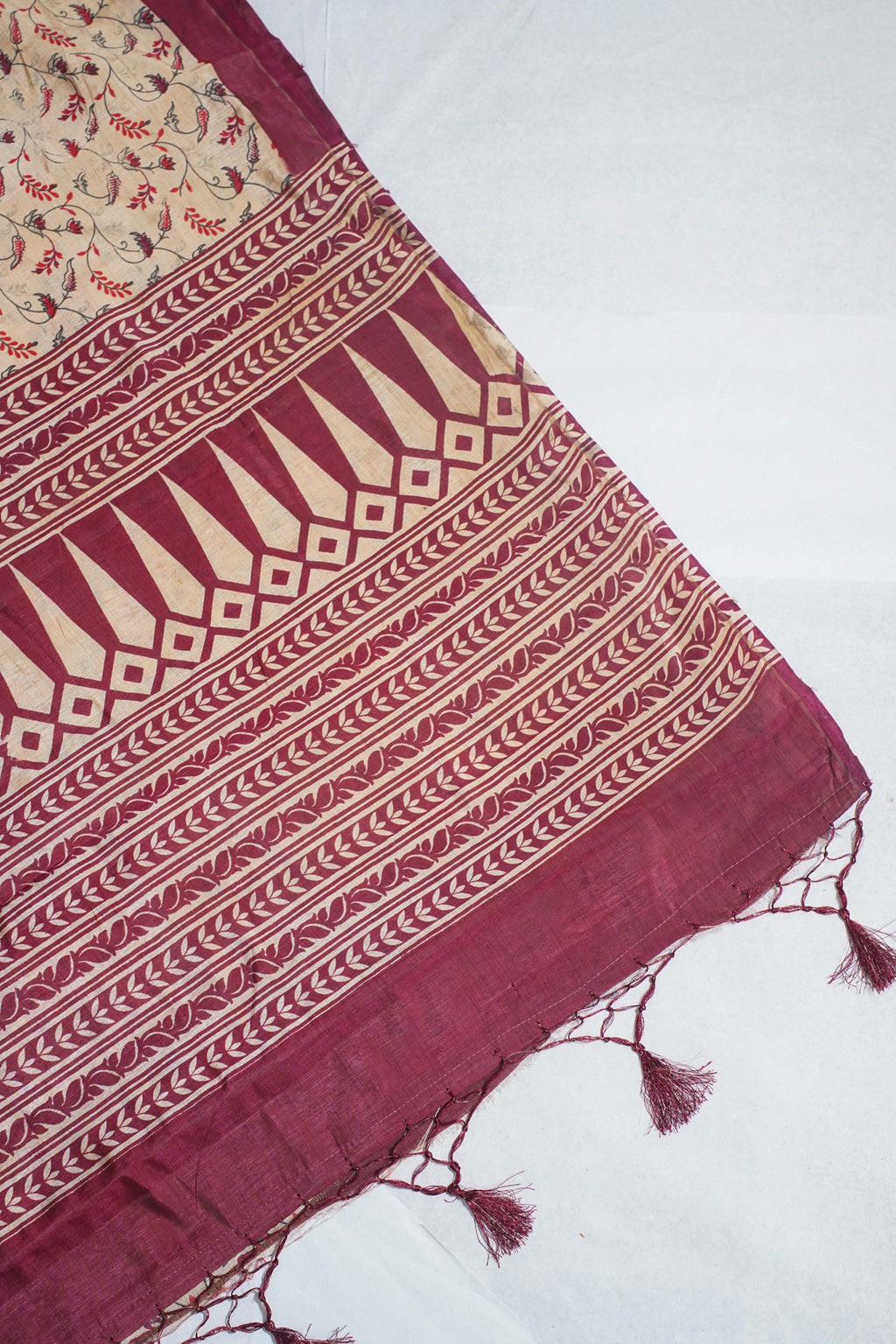 Cream Tussar Silk Saree with Pink Border & Kalamkari Print (Washable)