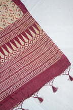 Cream Tussar Silk Saree with Pink Border & Kalamkari Print (Washable)