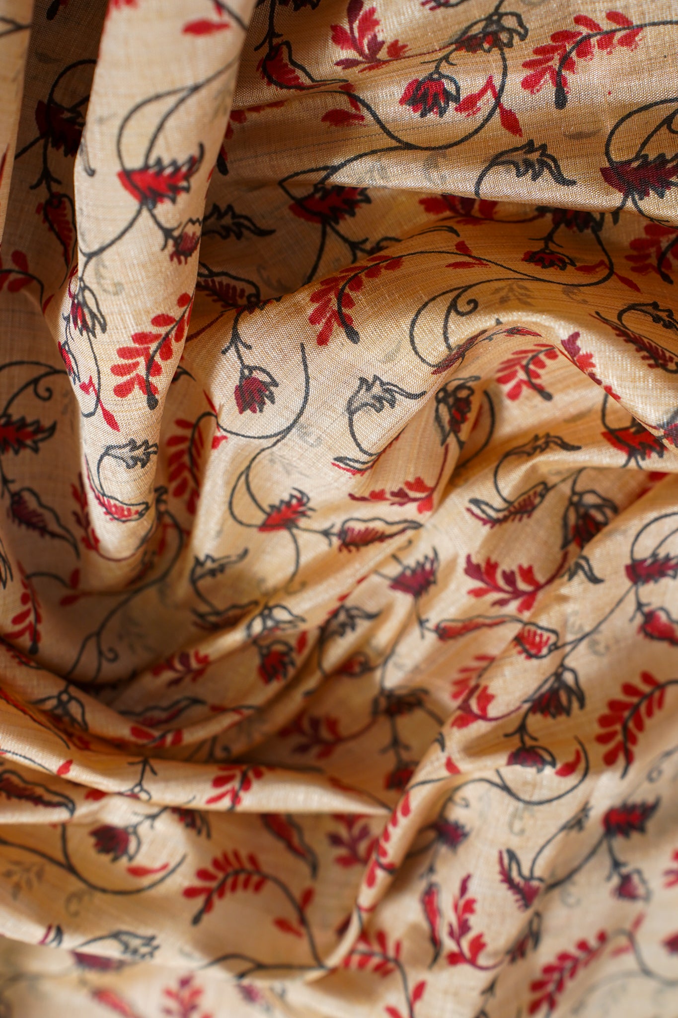 Cream Tussar Silk Saree with Pink Border & Kalamkari Print (Washable)