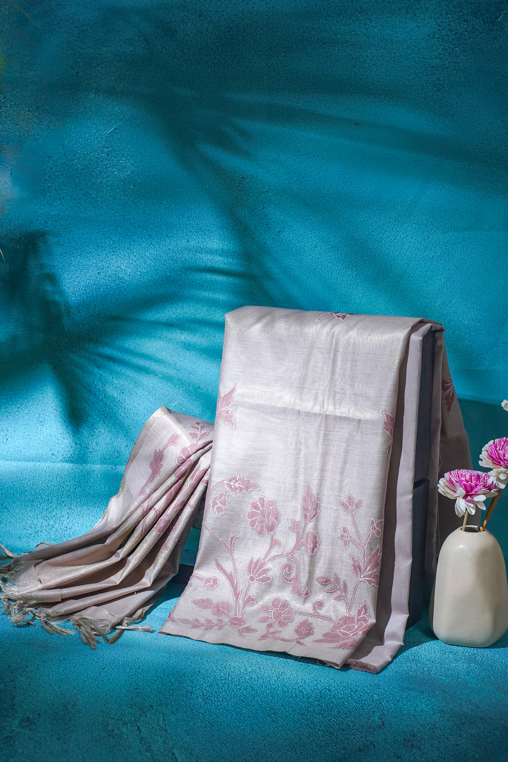 Pastel Pink Linen Tissue Suit Set with Applique Work
