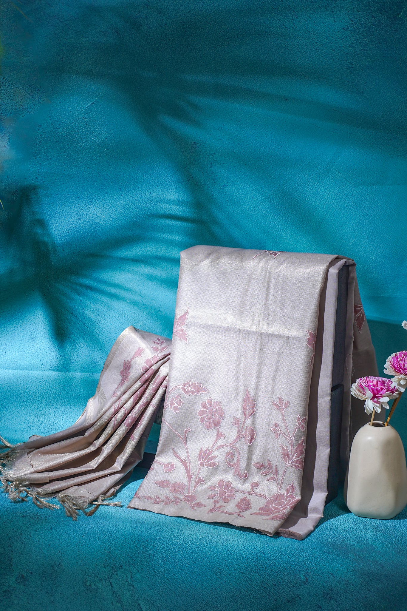 Pastel Pink Linen Tissue Suit Set with Applique Work