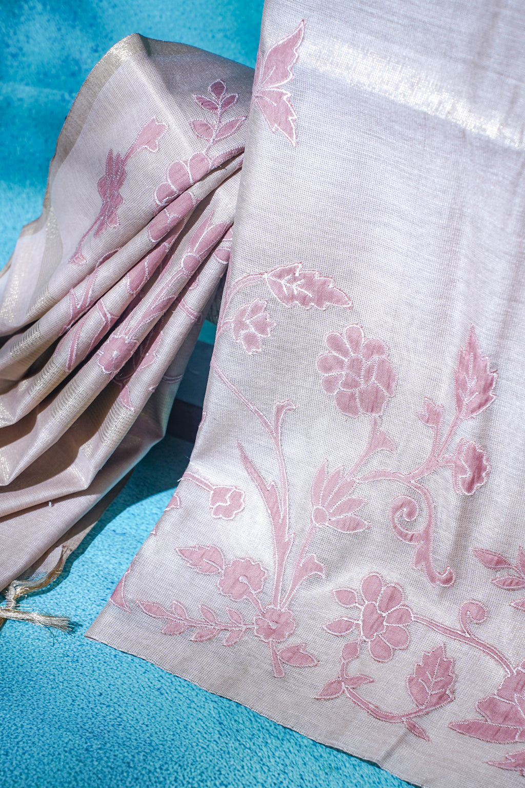 Pastel Pink Linen Tissue Suit Set with Applique Work