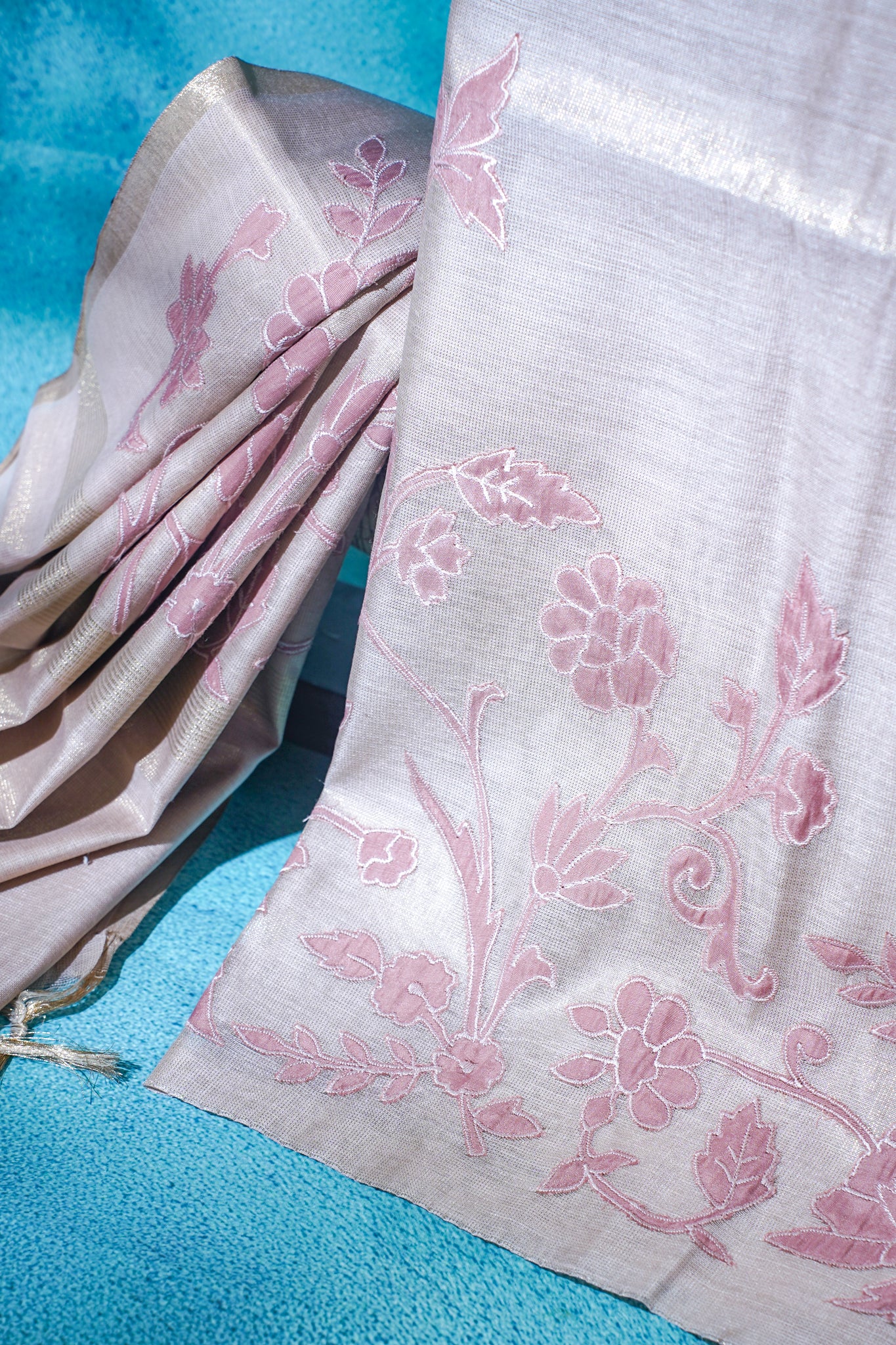Pastel Pink Linen Tissue Suit Set with Applique Work
