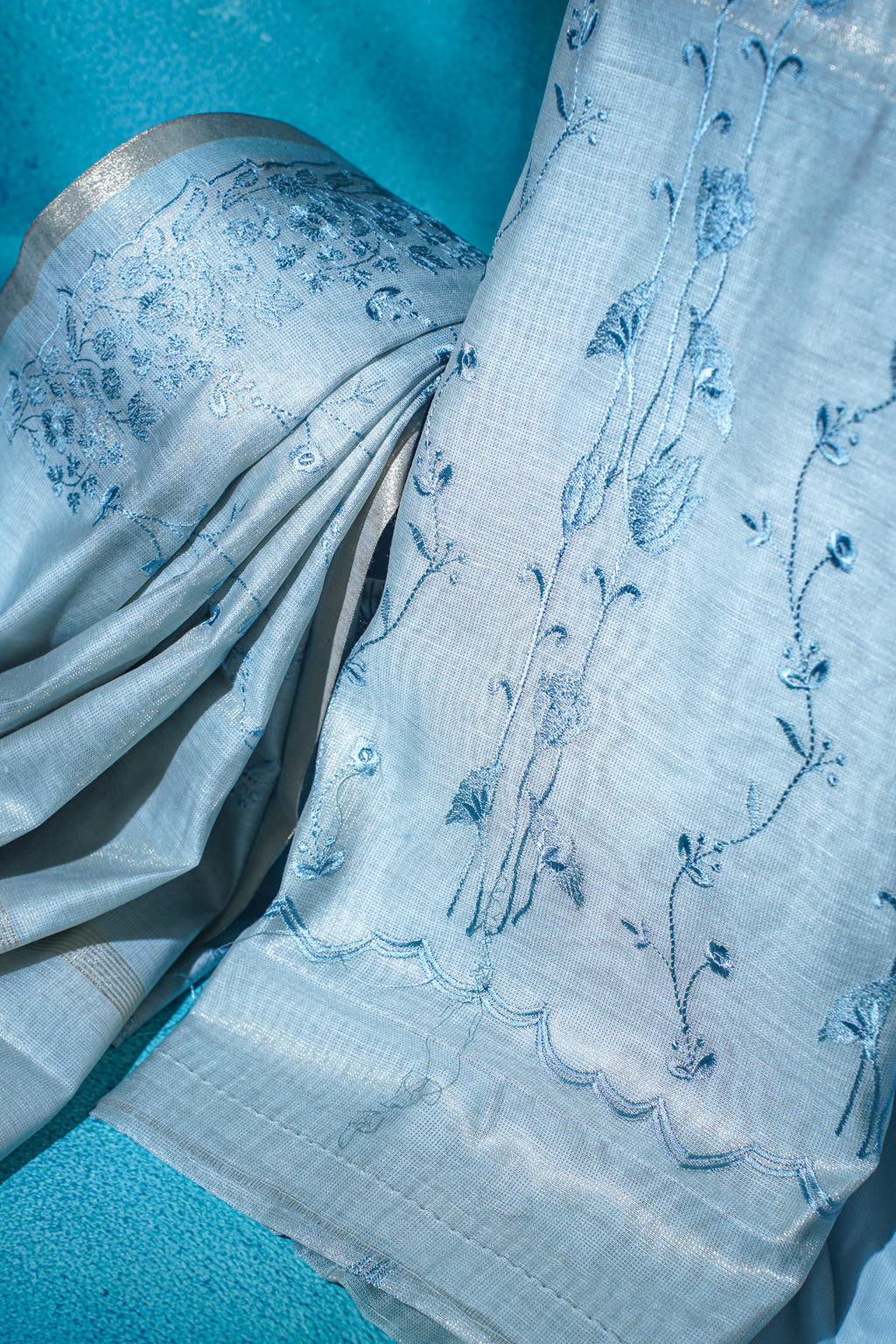Pastel Blue Linen tissue Suit Set with embroidery