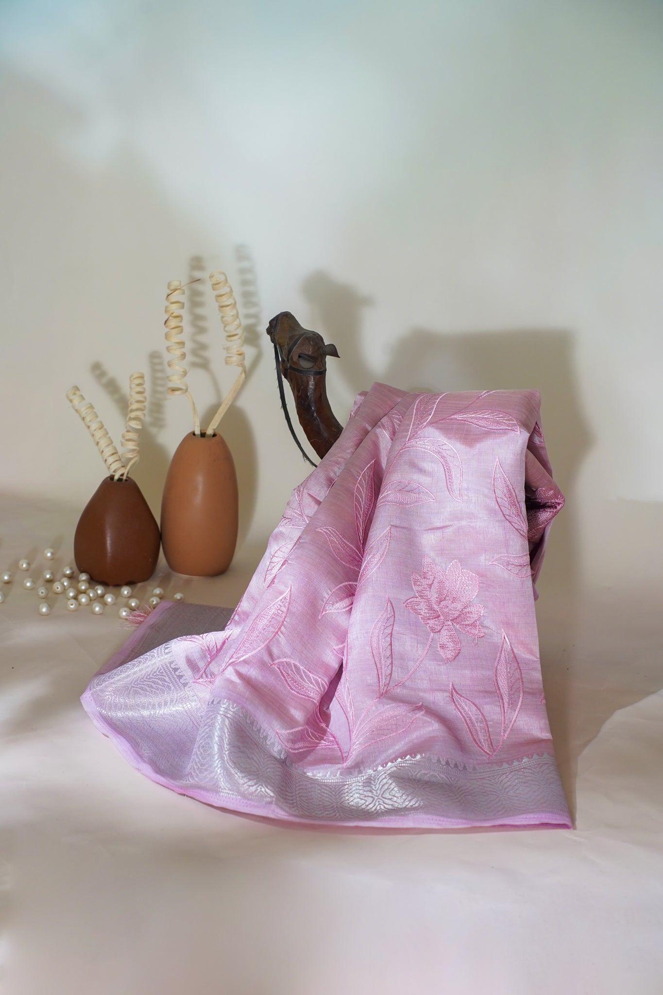 Pink Raw Tussar Saree with Fancy Embroidery
