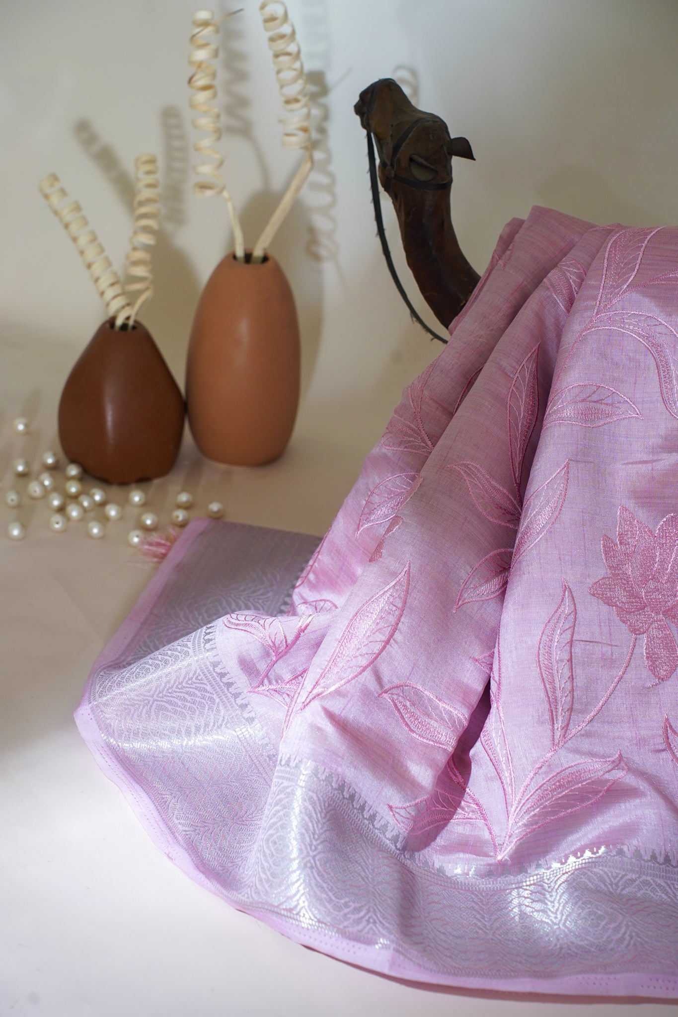 Pink Raw Tussar Saree with Fancy Embroidery