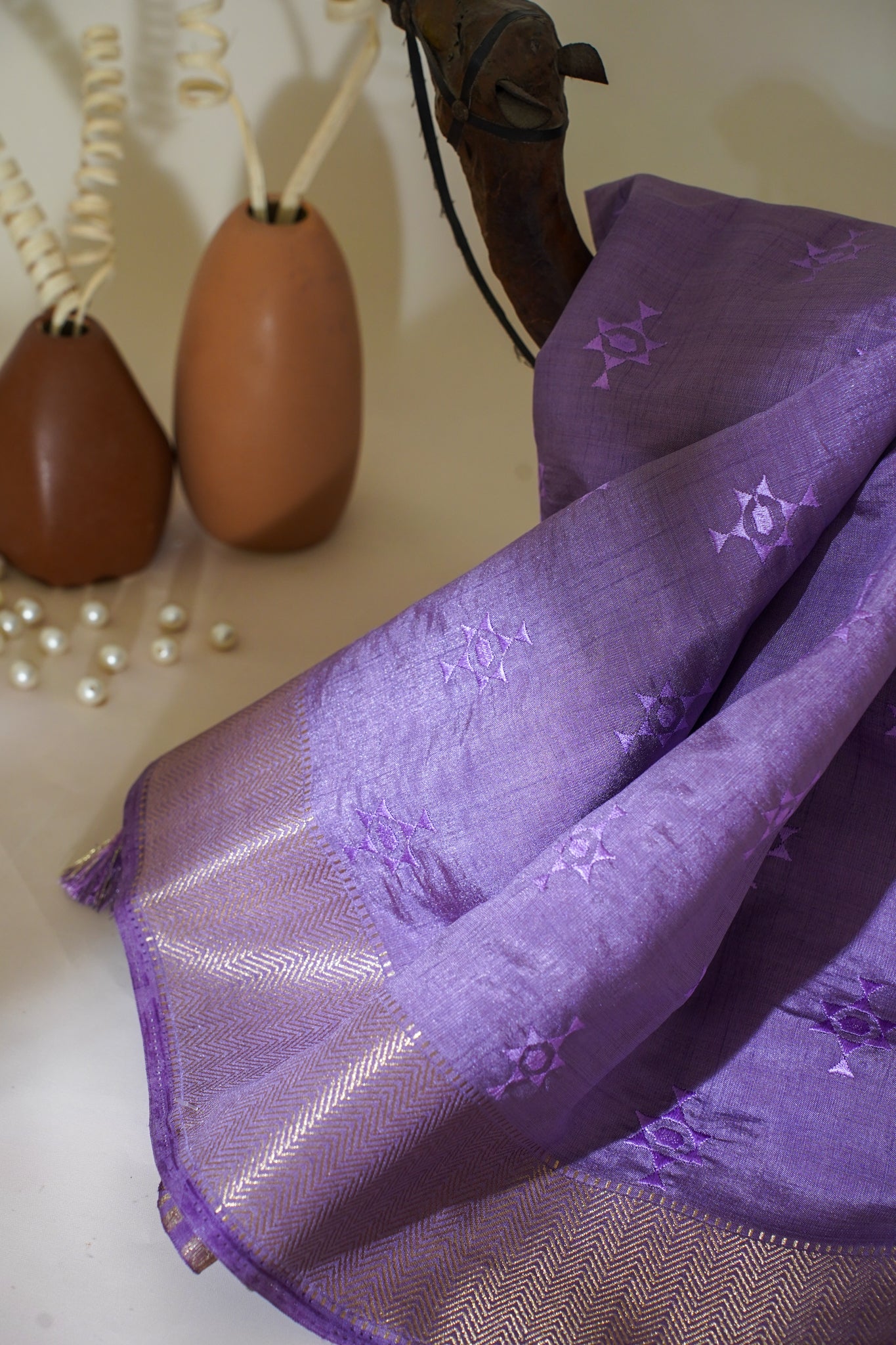 Purple Raw Tussar Saree with Buti Embroidery