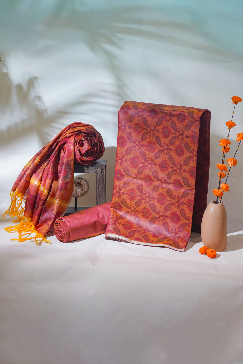 Rust Orange Cotton Suit Set Ikat Print