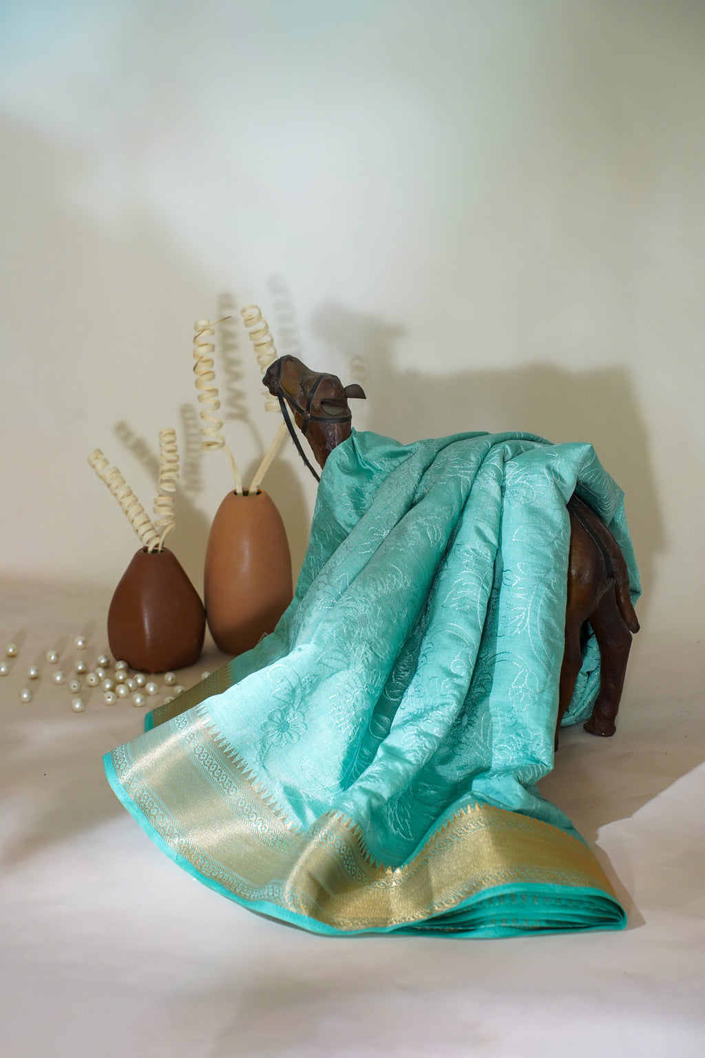 Teal Raw Tussar Fabric with Floral Jaal Embroidery