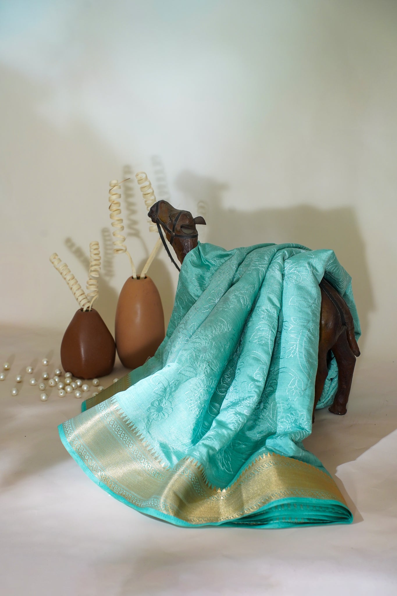 Teal Raw Tussar Fabric with Floral Jaal Embroidery
