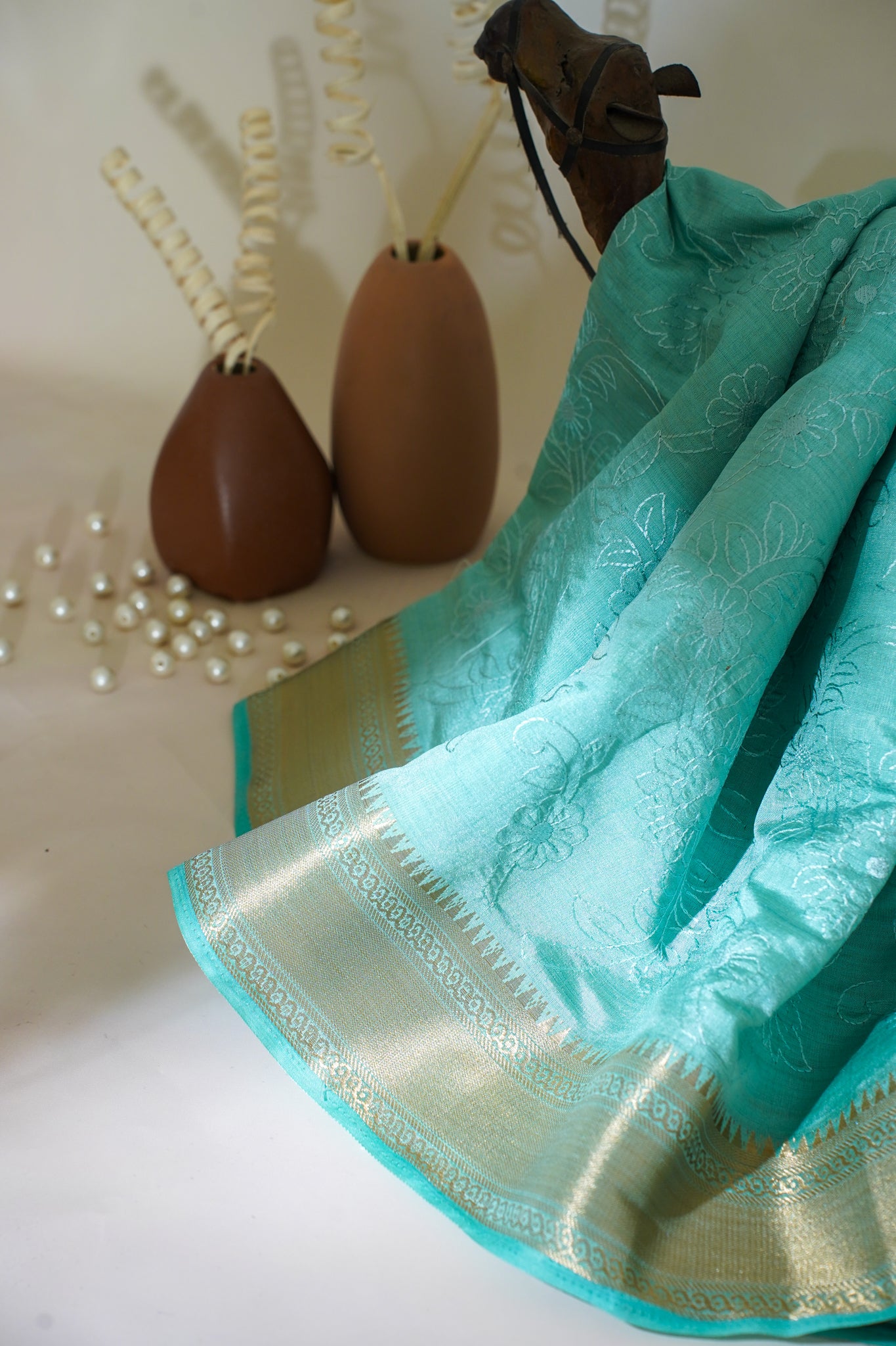 Teal Raw Tussar Fabric with Floral Jaal Embroidery