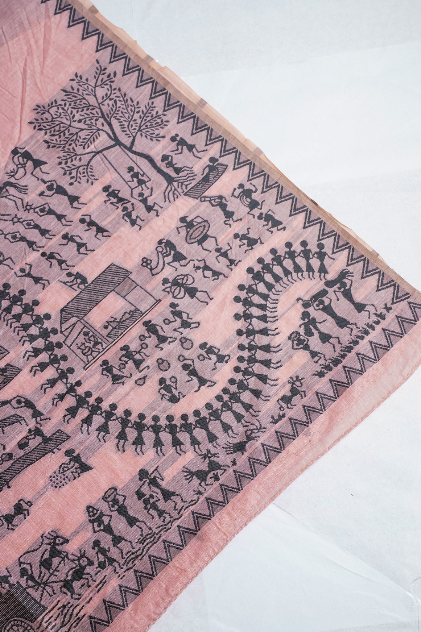 Pink Cotton Linen Weaving Saree with Black Patterns