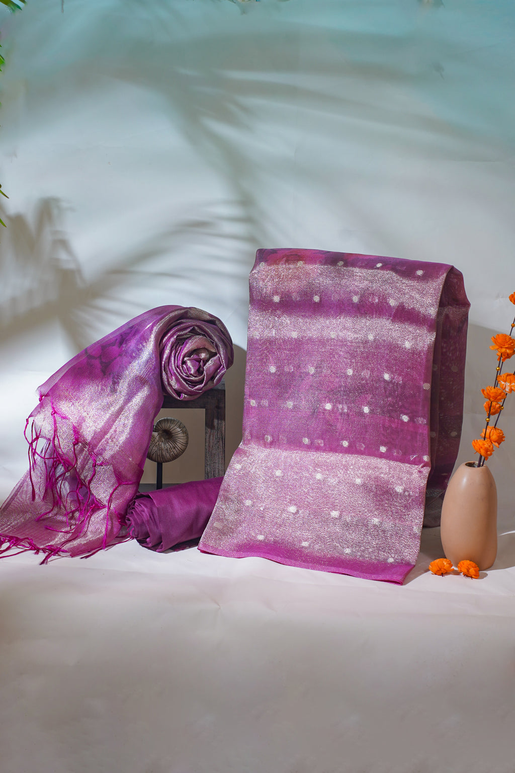 Magenta Tissue Suit Set with Digital Print