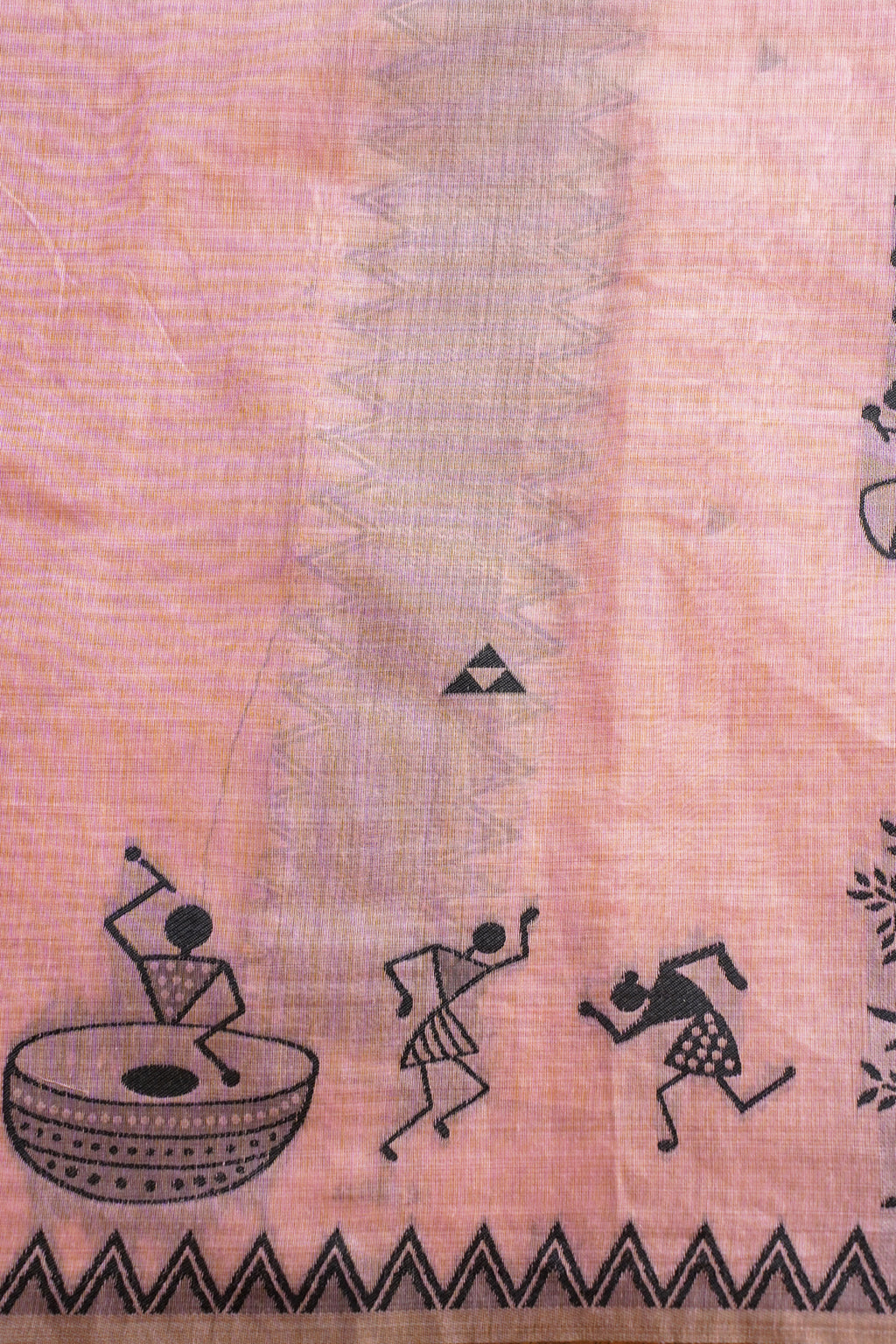 Pink Cotton Linen Weaving Saree with Black Patterns