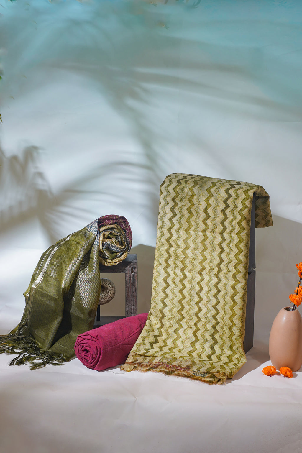 Olive Green Mul Cotton–Mul Chanderi Suit Set