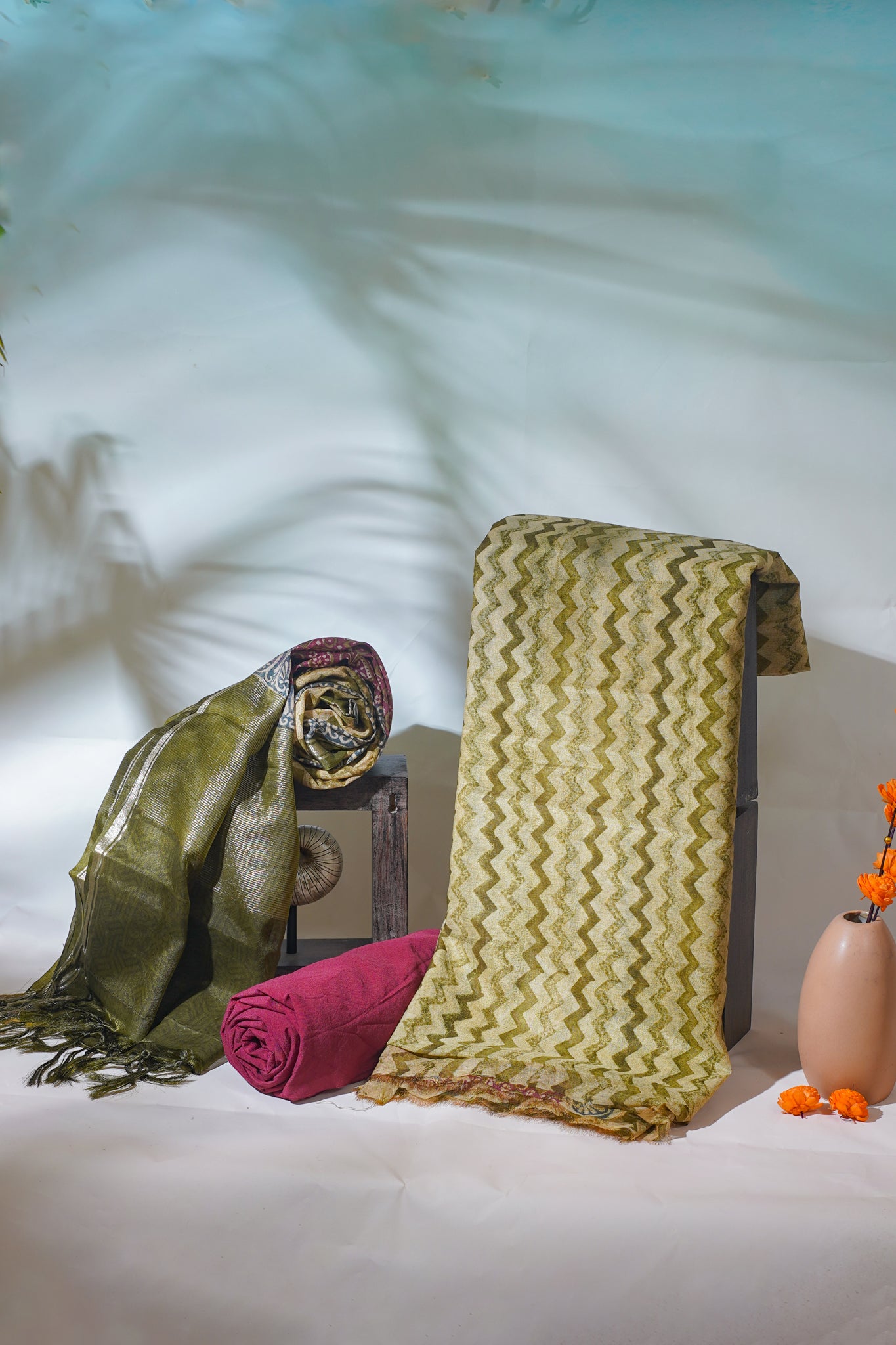 Olive Green Mul Cotton–Mul Chanderi Suit Set