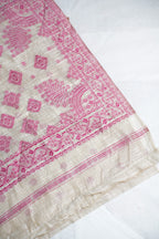 White Cotton Linen Weaving Saree with Pink Geometric Patterns
