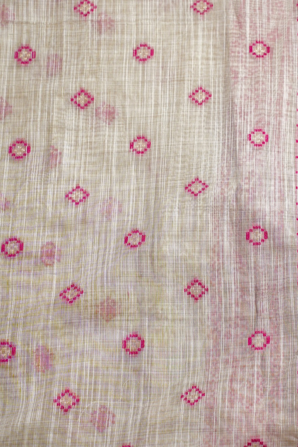 White Cotton Linen Weaving Saree with Pink Geometric Patterns