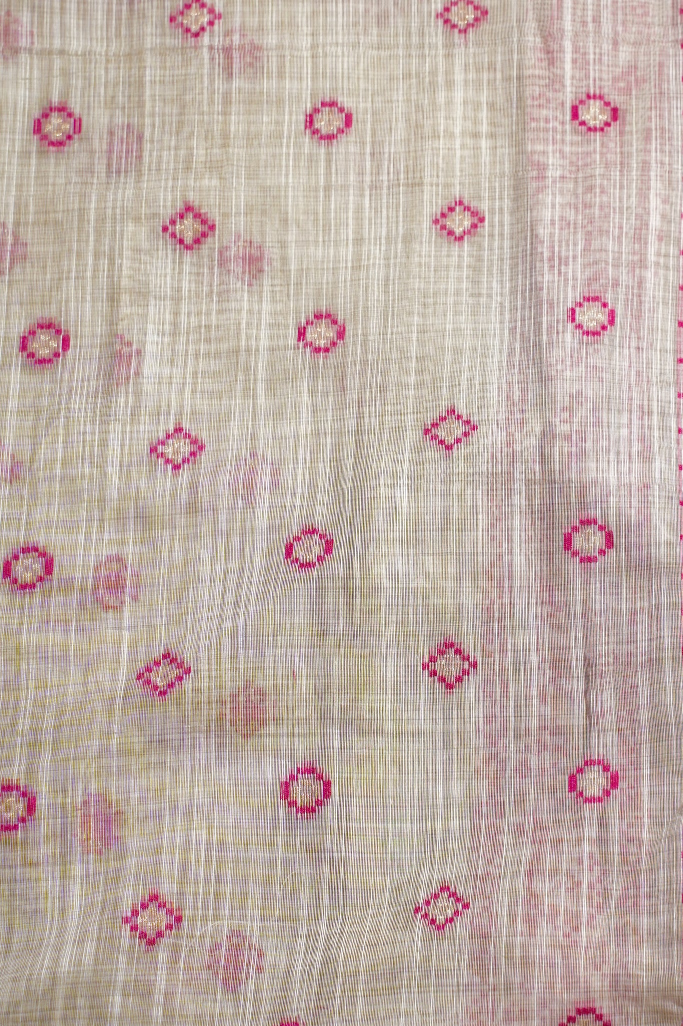 White Cotton Linen Weaving Saree with Pink Geometric Patterns