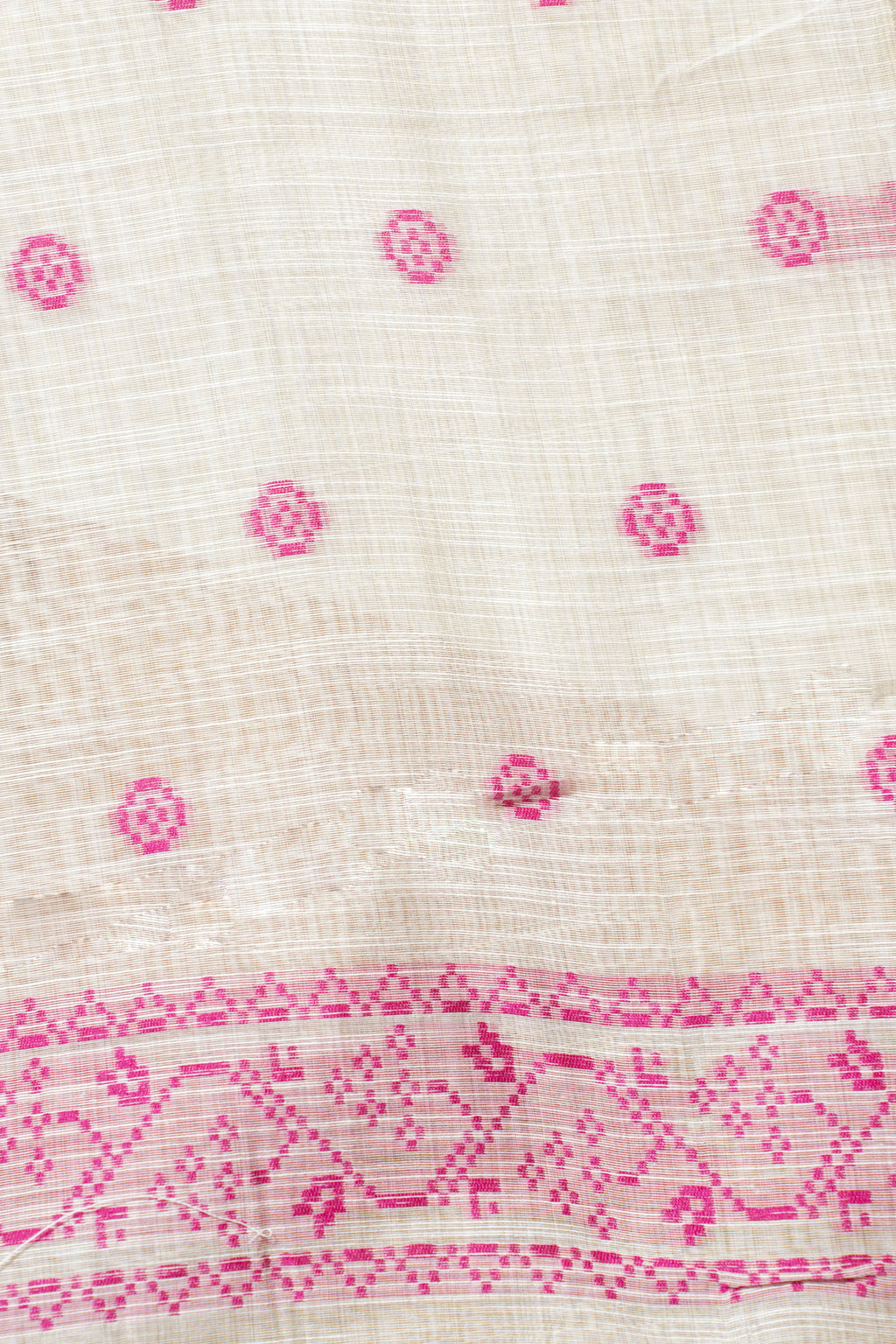White Cotton Linen Weaving Saree with Pink Geometric Patterns